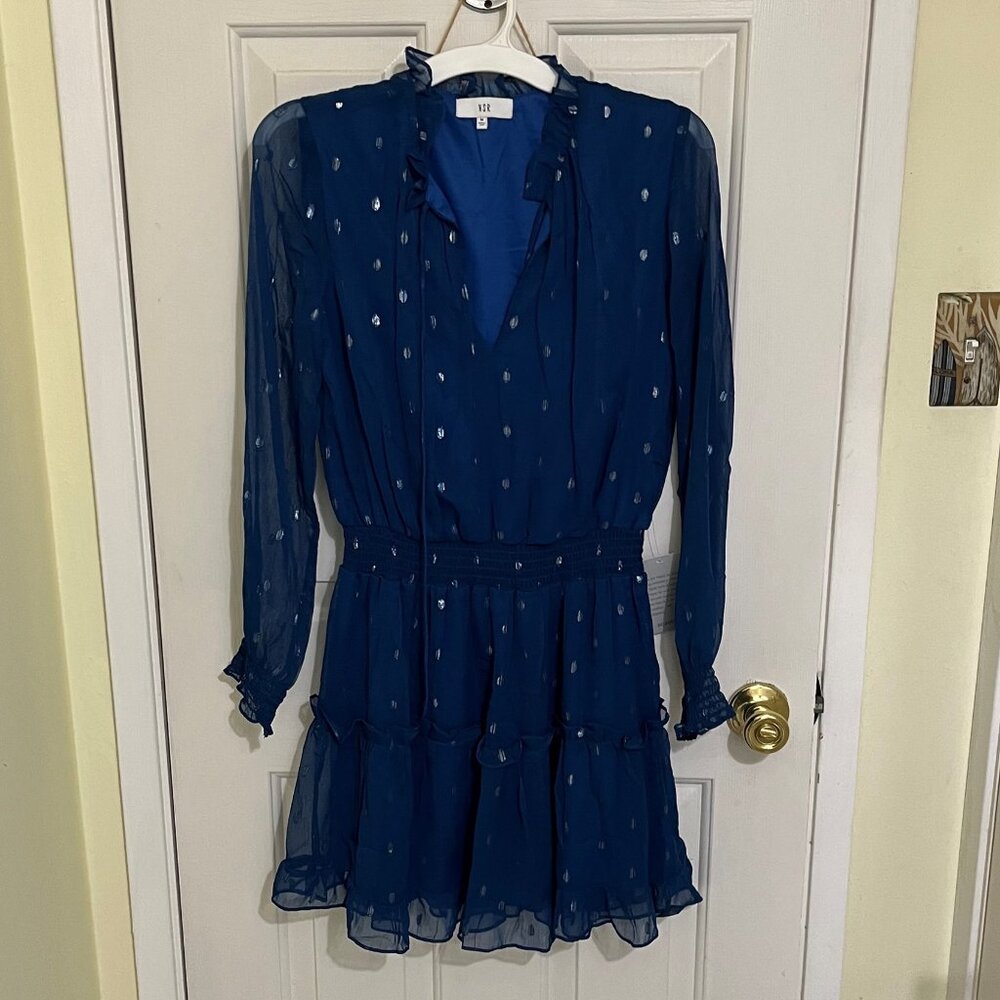 Blue with‎ Silver Dot Smocked-Waist Tiered Dress -NSR Nordstrom (New/Tag)